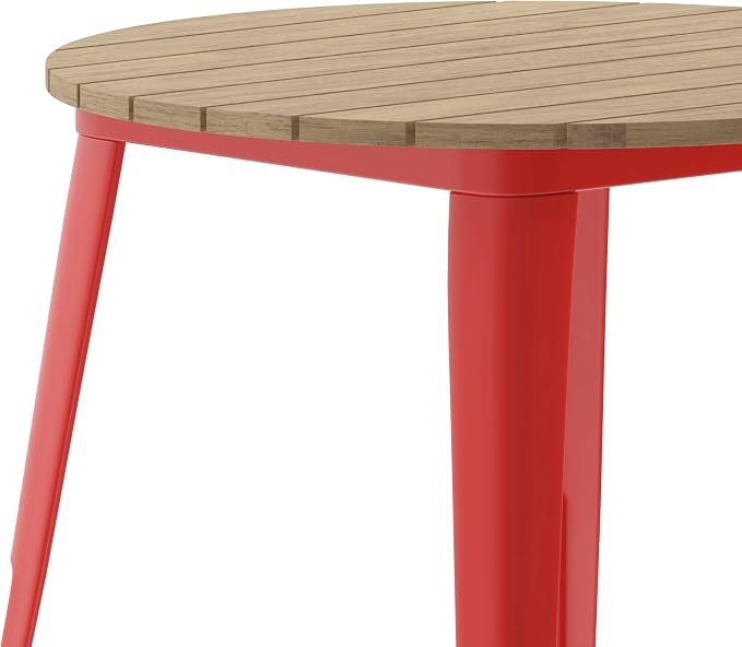 EMMA + OLIVER Drew Dining Table - Brown 30" Round Poly Resin Table Top - Red Steel Base - All-Weather for Indoor/Outdoor Use