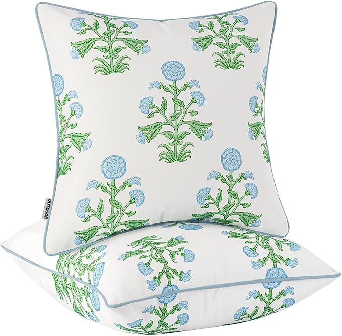 MIULEE Decorative Floral Outdoor Pillow Covers with Inserts Set of 2 18x18,Waterproof Vintage Fade Resistant Patio Throw Pillows with Piping for Spring Summer Garden Couch Sofa,Blue and Green
