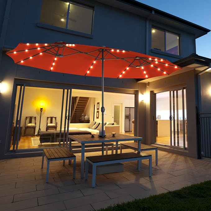 Tangkula 15 Ft Solar Patio Umbrella with Base, Extra Large Outdoor Double-Sided Twin Umbrella with 36 LED Lights & Crank Handle for Garden, Deck, Poolside, Patio (Orange)