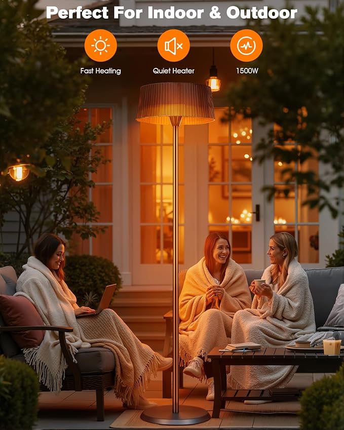 Electric Patio Heater, 1500W Freestanding Infrared Heater for Indoor & Outdoor with IP55 Waterproof, Tip-Over Protection, Quiet Operation, Perfect for Garden, Balcony, Garage, Backyard
