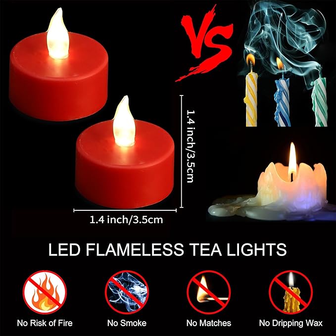 Nancia LED Tea Lights Candles- 24PACK Red Flameless Candles Realistic and Bright Flickering Long Lasting 200Hours for Holiday Celebration,Home Decoration