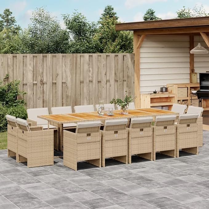 15-Piece Outdoor Patio Dining Set with Cushions Beige Poly Rattan Furniture Set for Backyard Garden Balcony