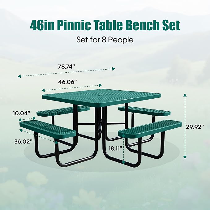 8-Person Picnic Tables for Outdoors, Industrial 46" Expanded Metal Square Picnic Table with 4 Benches & Umbrella Hole, Outside Table and Bench Set for Garden, Backyard, Porch, Patio, Green