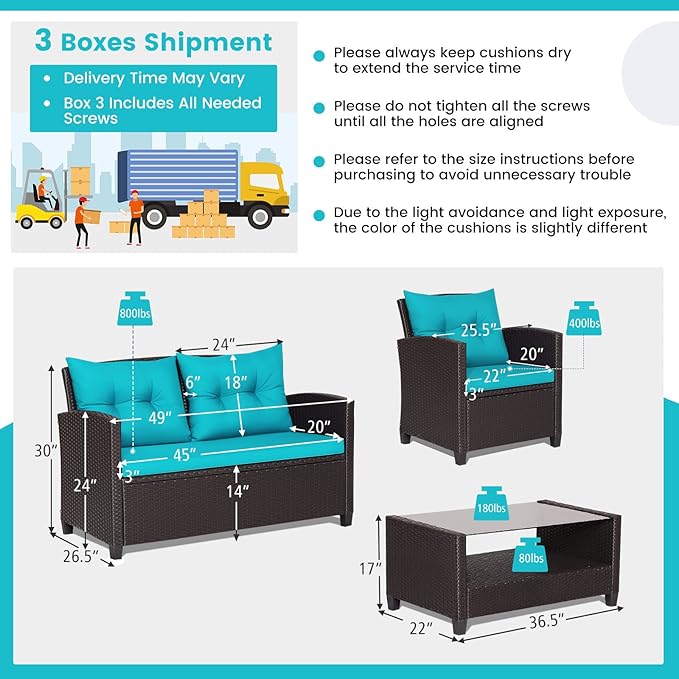 HAPPYGRILL 4 Pieces Patio Furniture Set Outdoor PE Rattan Conversation Set with 2-Tier Coffee Table, Extra Storage Shelf and Cushions, Patio PE Wicker Sofa Set for Garden Backyard Poolside