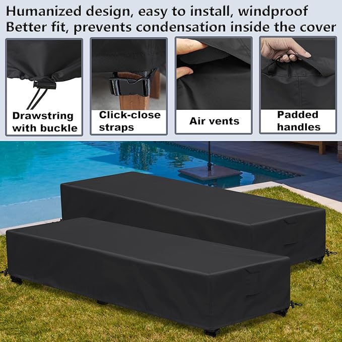 Waterproof Patio Lounge Chair Cover 1 Pack Outdoor Chaise Lounge Covers 600D Weather Resistant Material, UV Protection, Windproof Design Outside Furniture Covers 80" x 28" x 14" H,Black