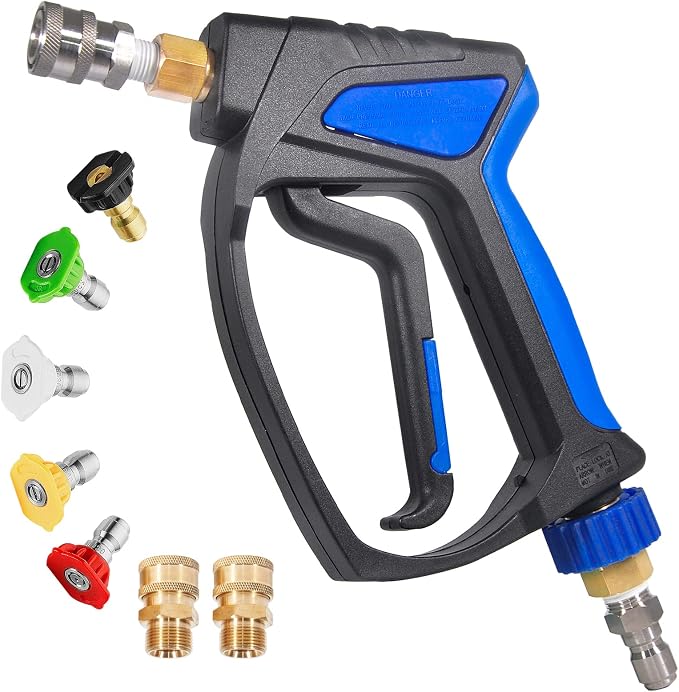 TOOLCY Short Pressure Washer Gun with Swivel, 3/8" QC Inlet and Stainless 1/4" Quick Connector, 5000 PSI, 10.5 GPM, Stubby High Pressure Gun, Solid Brass M22 14mm & 15mm Fitting and 5 Nozzle Tips