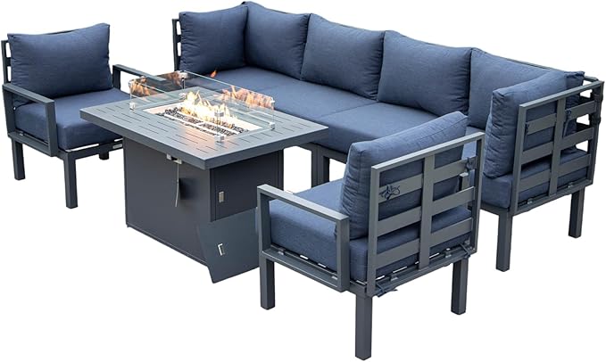 LeisureMod 7-Piece Outdoor Patio Conversation Set with Aluminum Sectional & Cushions, Propane Fire Pit Table with Black Stones, Wind Glass & Lid, Black