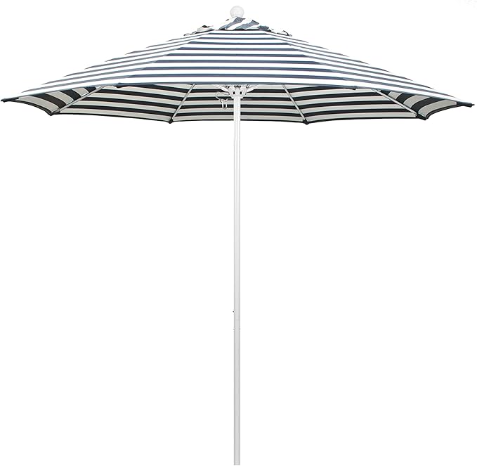 California Umbrella 9' Round Contract Grade Patio Umbrella, Push Open, White Finish, Navy/White Olefin