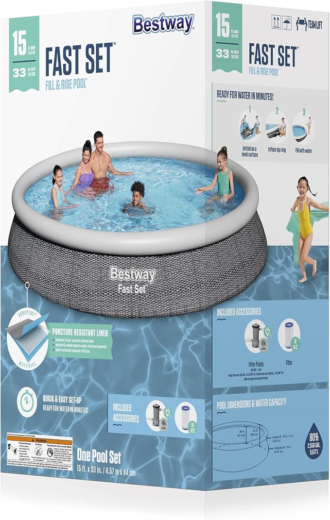 Bestway Fast Set 15' x 33" Round Inflatable Outdoor Above Ground Swimming Pool Set with 530 Gallon Filter Pump and Repair Patch, Gray Rattan