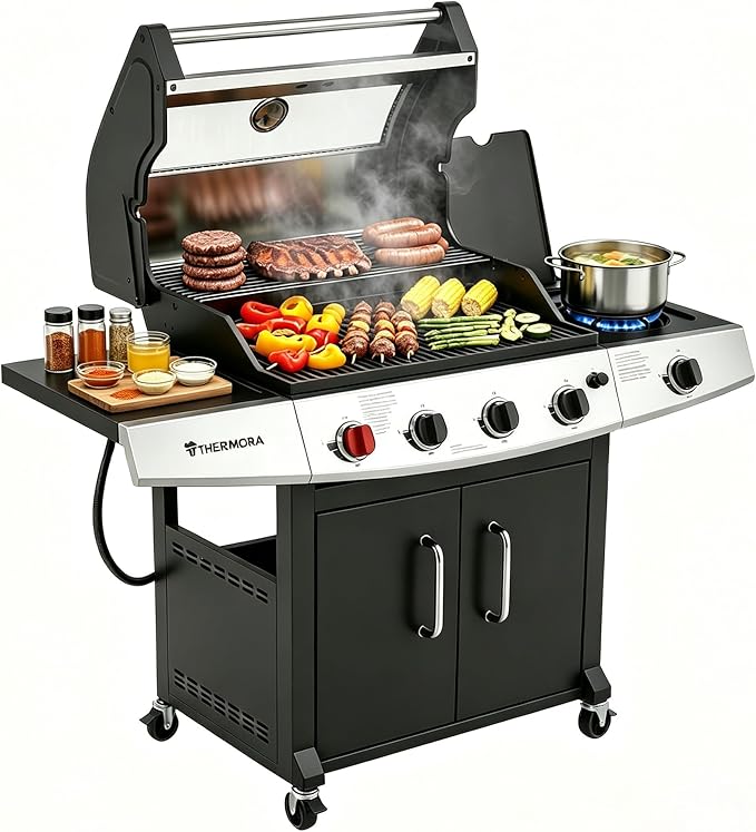 5 Burners Propane Gas Outdoor Grill 62000 BTU, 645 Sq.in, Side Burner, Porcelain-Enameled Grates, Stainless Steel Propane Grill Outdoor Cooking, Patio Garden Family Barbecues Party (5 Burners)