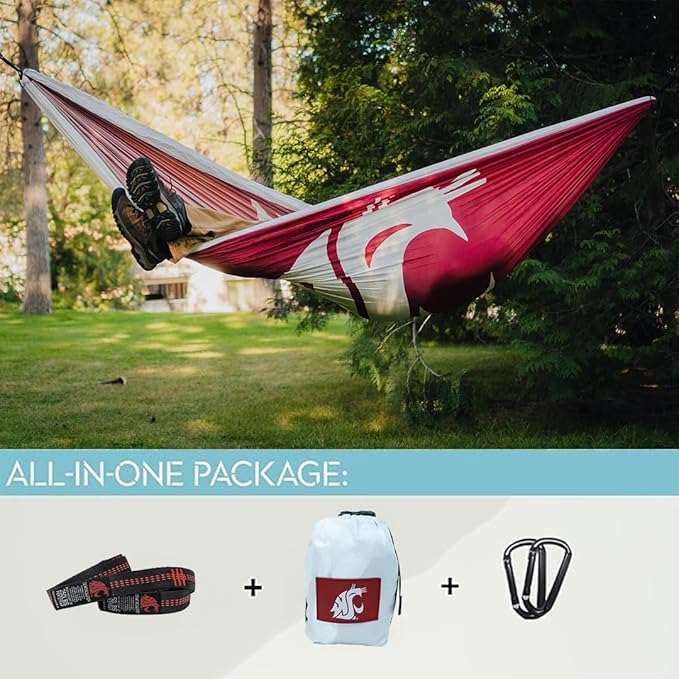 Rincon Official (Washington State University) University College Hammock - Premium 210T Nylon, Spacious 112 x 74 inches (LxW) Double & Single Camping Hammock - Portable Gear for Students and Alumni
