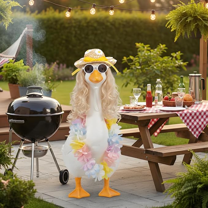 Funny 4Pcs Hawaiian Porch Goose Outfits Set, Colorful Floral Lei, Straw Hat with Bow, Sunglasses & Blonde Wig, Summer Lawn Goose Costume for 17"/23" Statue, Outdoor Patio Garden Decoration(Blonde)