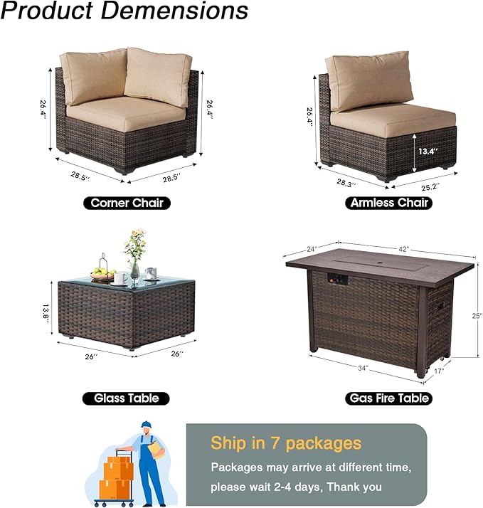 Patio Furniture Set 15 Pieces with 44" Fire Pit Table, Rattan Outdoor Sectional Conversation Sets, All Weather Outdoor Furniture Set with Cushions for Garden Lawn Balcony Porch Deck Beige
