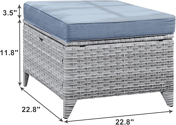 Rilyson Outdoor Ottoman Wicker Patio Ottomans - 2 Piece Footrest Footstools Set Rattan Outdoor Ottomans for Patio with Thick Cushions(Light Grey/Sky Blue)