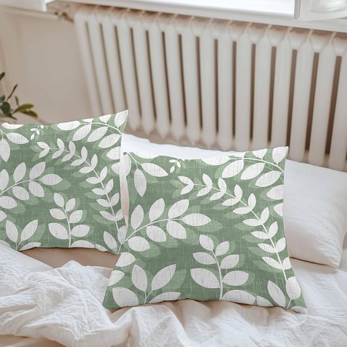 Green Leaves Outdoor Waterproof Throw Pillow Covers 20x20 Set of 2, Farmhouse Botanical Branch Vintage Boho Leaf Decorative Pillowcases Cushion Pillowcase for Couch Sofa Patio Outside Pillow Protector