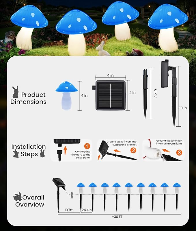 Solar Mushroom Lights Outdoor 9 Pack, Garden Outdoor Decor, 8 Lighting Modes, IP65 Waterproof, Crystal-Clear Fairy Decoration for Pathway/Yard/Flower Bed/Patio/Landscape/Backyard/Dwarf, String 30 FT