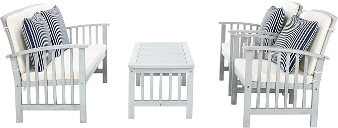 SAFAVIEH Outdoor Collection Rocklin Grey / Beige Cushions/ Stripe Pillows 4-Piece Conversation Patio Set