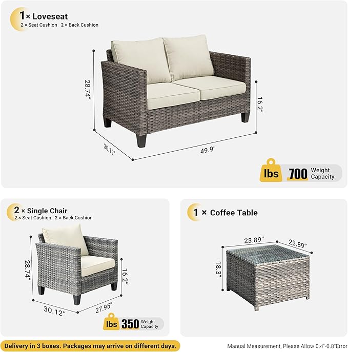 ovios 4 Pieces Patio Furniture Set, Outdoor Wicker Rattan Sofa Couch with Loveseat, Chairs, Glass Coffee Table, Conversation Sets for Yard Porch Garden, Beige