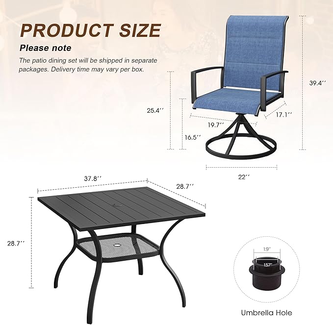 VICLLAX 5 Pieces Outdoor Dining Set, Patio Furniture Set Includes 38" Square Metal Table W/ 1.9" Umbrella Hole and 4 Padded Textilene Swivel Chairs for Porch, Lawn, Garden, Backyard