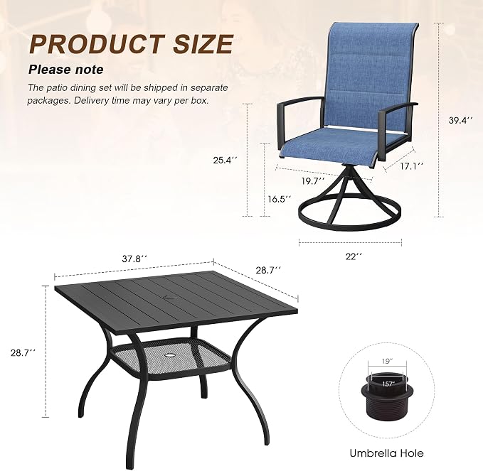 VICLLAX 5 PCS Outdoor Dining Set, Patio Furniture Set Includes 38" Square Metal Table w/ 1.9" Umbrella Hole and 4 Padded Textilene Swivel Chairs for Lawn, Porch, Garden, Backyard