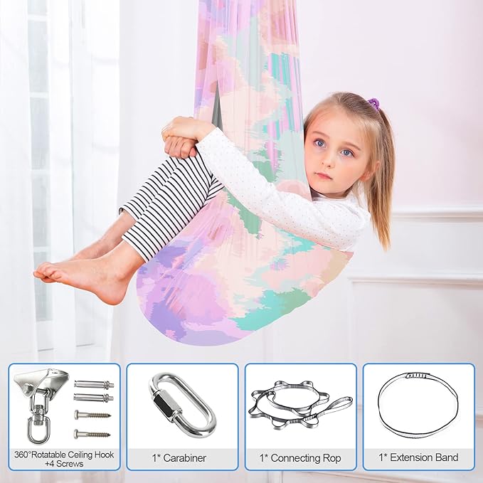 Therapy Swing Hammock Kids Cuddle Sensory Swing Indoor Therapeutic Hammock 360° Rotating Double Layer Elastic Rocking Cloth Swing Gifts for Children with ADHD SPD Asperger Autism (Rainbow+Grey)