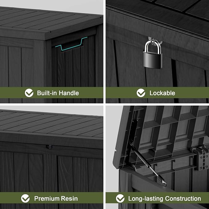 150 Gallon Outdoor Deck Box, Lockable Waterproof Outdoor Storage Boxes For Garden Tools,Indoor Cushions,Accessories Outside Storage Resin Weatherproof Container(Black)