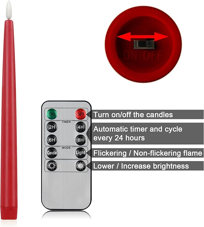 CVHOMEDECO. Flameless Taper Candles with 10-Key Remote, Battery Operated Led Flickering 3D Wick Window Candles Real Wax Finished Home Christmas Party Decor 0.78 x 11 Inch, Pack of 3, Red