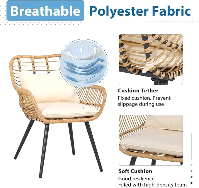 JOIVI 3 Piece Outdoor Wicker Conversation Bistro Set, Patio Furniture Rattan Chairs and Square Side Table Set for Porch, Balcony, Poolside, Yard, White Cushion