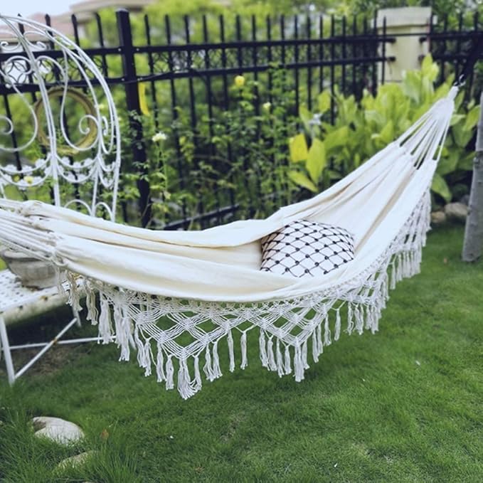 RUVOO Hammock Camping Hammock Cotton Fabric Swing Hammock for Patio Porch Garden Backyard Outdoor and Indoor Use Tassel Hamac Hammocks for Outside