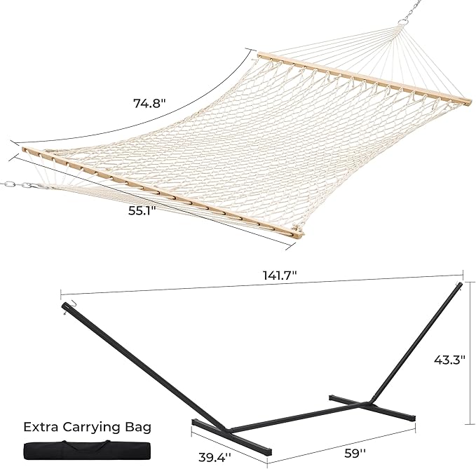 SUPERJARE 12ft Double Hammock with Stand, Soft Rope Hammock for 2 Person, Portable Heavy Duty Stand, Anti-Tip Safety Ropes, Natural Wood Spreader Bar, Outdoor Backyard Patio Camping, Beige