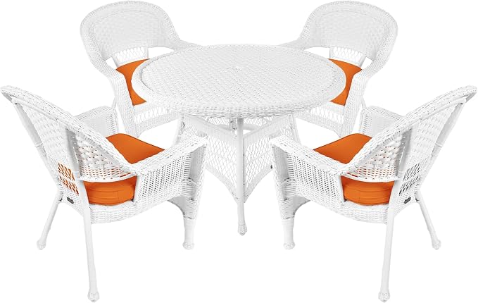 Jeco 5 Piece Resin Wicker Outdoor Patio Dining Set in White with Orange Cushion