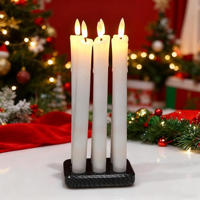 Rechargeable Flameless Taper Candles with Charging Station & Remote Timer, 6 Pcs Real Wax LED Taper Candles, Battery Operated Candlesticks for Home Wedding Christmas Decorations (White)