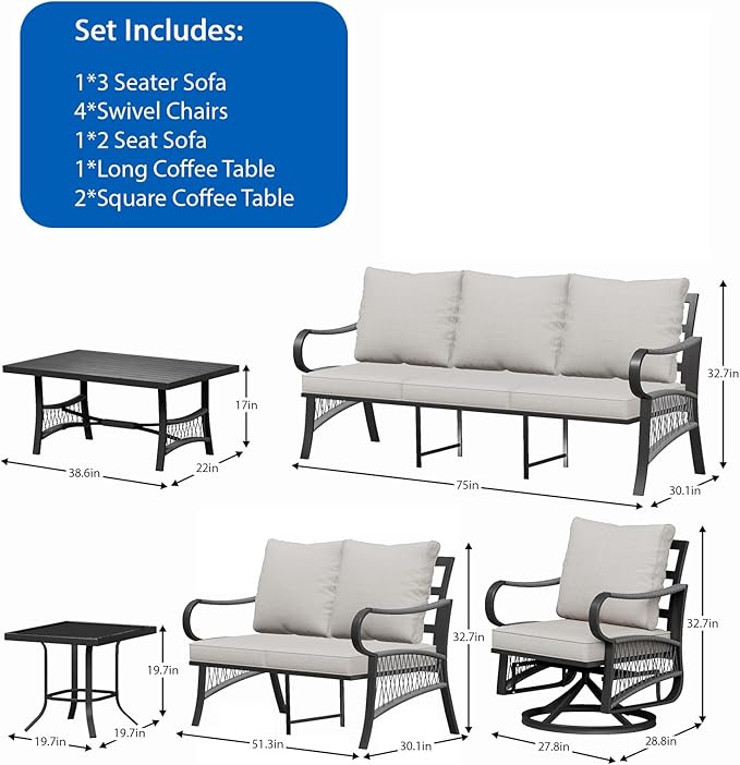 9 Piece Patio Furniture Set, 4 Single Swivel Chairs, Rope Braided Exposed with Thick Cushions, Outdoor All Weather Patio Conversation Sectional Sofa Set for Garden, Porch, Lawn, Beige