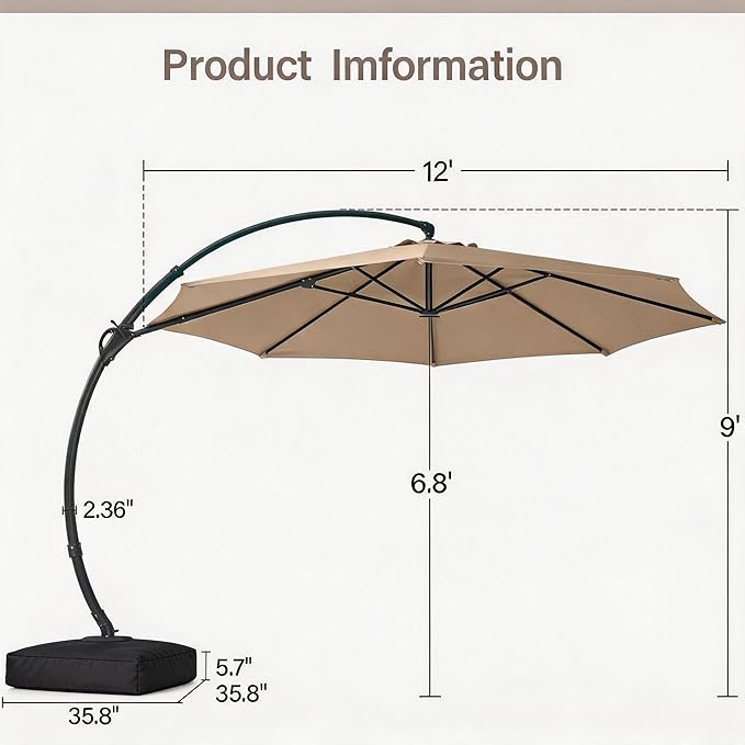 LAUSAINT HOME 12ft Patio Cantilever Umbrella with Base Included, Outdoor Curvy Round Offset Umbrella, Heavy Duty Aluminum, 360° Rotation for Pool, Deck, Lawn, Backyard (Champagne)