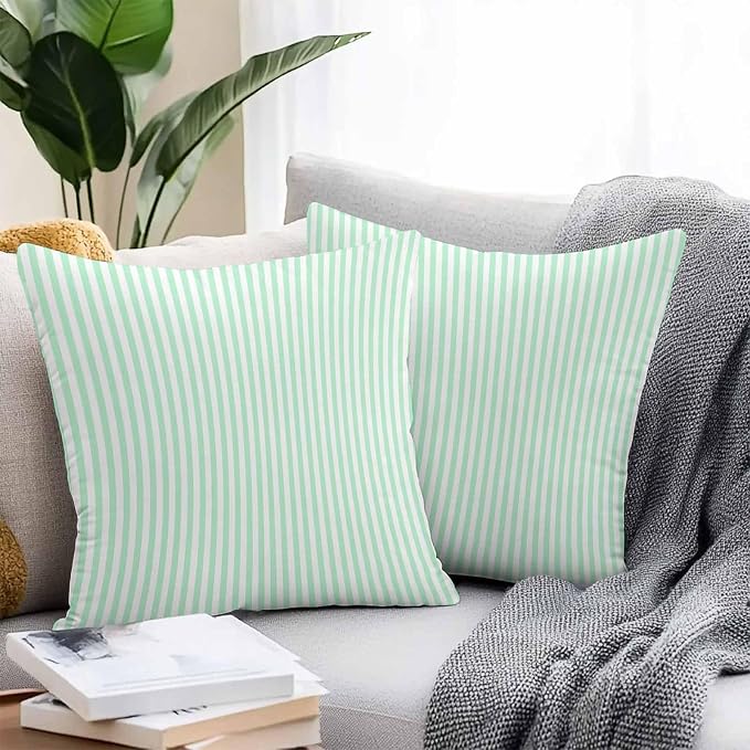 Throw Pillow Covers 16x16 Inch Set of 2, Green White Stripe Waterproof Outdoor Cushion Covers, Modern Minimalist Geometric Striped Decorative Pillowcases for Couch, Sofa, Bed, Garden, Patio