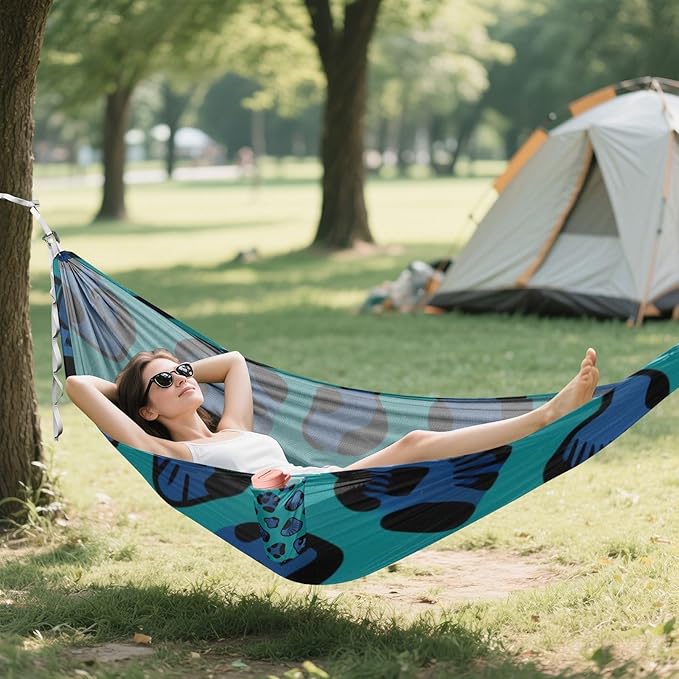 Blue Leopard Print Camping Hammocks Fabric Hammock for Outside Patio Backyard Poolside