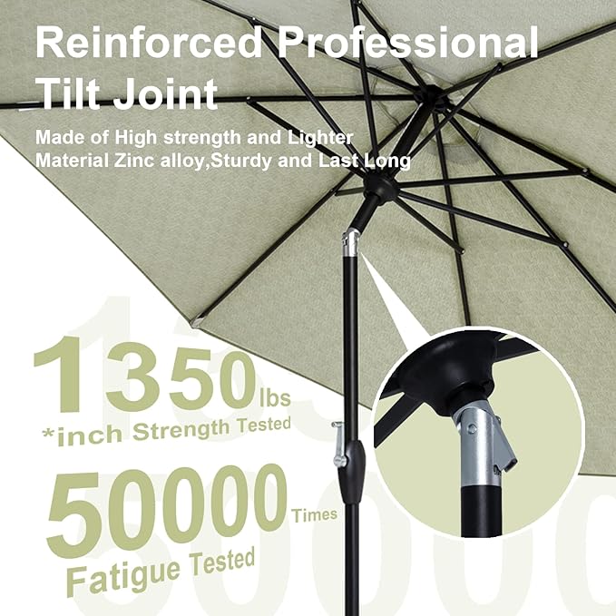 Tempera Striped Patio Umbrellas Outdoor Table Market Umbrellas with Crank & Pust Button Tilt|Auto-Tilt, 8 Steel Ribs, High Color-Fastness Canopy