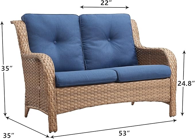 Rilyson Outdoor Loveseat Wicker Patio Sofa - 2 Seat Rattan Outdoor Couch Patio Furniture with Deep Seating and Comfortable Cushions for Porch Deck Balcony(Yellow/Blue)
