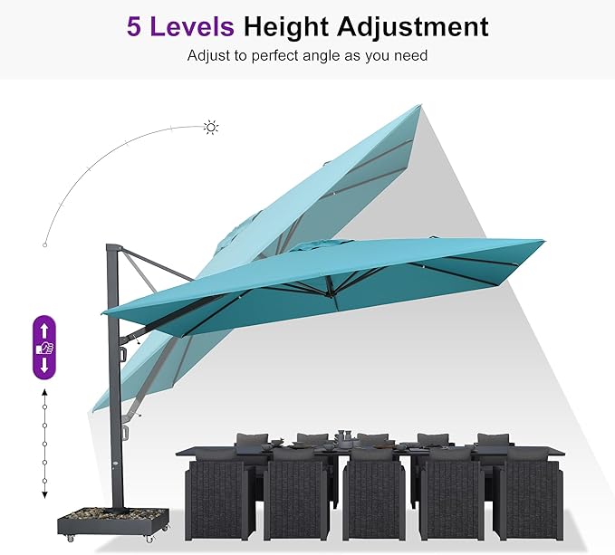 PURPLE LEAF 13' X10' Space Saving Rectangle Patio Umbrella Large Outdoor Aluminum Offset Umbrella with 360-degree Rotation Cantilever Umbrella for Garden Deck Backyard Pool Turquoise Blue
