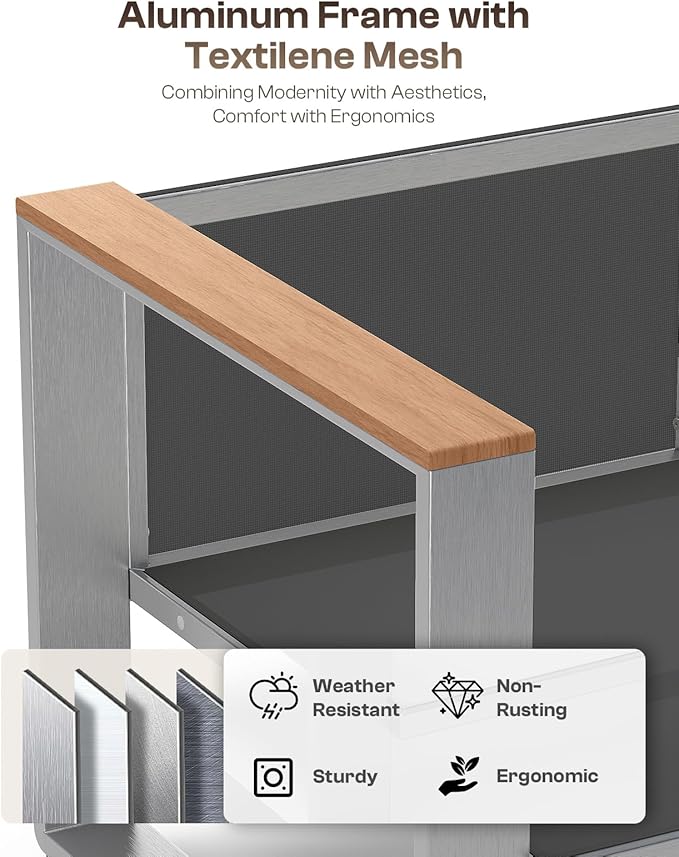 Aluminum Outdoor Furniture Set, 4 Seats Outdoor Patio Conversation Sets with Ergonomic Seat and Wide Thick Cushions, Modern Patio Sectional Furniture for Balcony, Porch (Teak-Charocal)