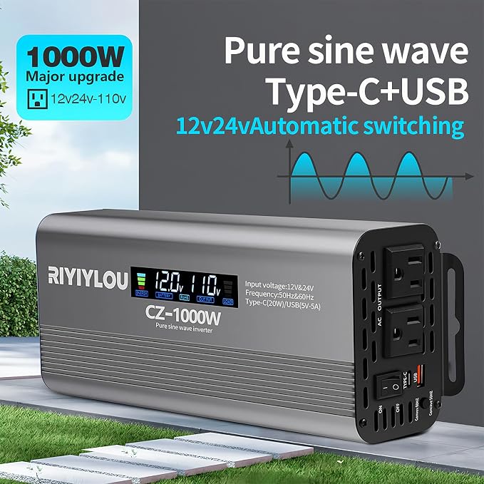 1000W Pure Sine Wave Inverter (2000W Peak), 12V/24V Auto-Detect, 50Hz/60Hz Switchable, LCD Display, Type-C Fast Charging, Silent Design, Overload & Overheat Protection for RV, Home