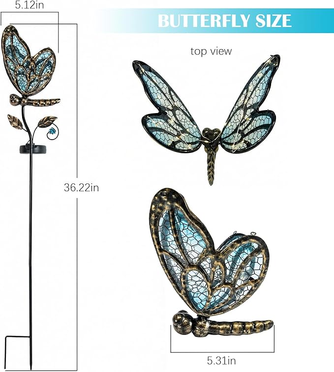 Decorative Outdoor Solar Butterfly Lights,Warm LED Handcrafted Blue Glass Stakes, 36 Inch Tall, Auto On-Off for Up to 8 Hours Glow, Waterproof Yard Patio Ornaments