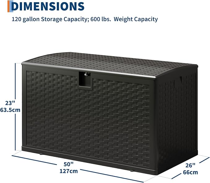 Patikuin 120 Gallon Outdoor Deck Storage Box with Hydraulic Gas Struts, Waterproof Resin Patio Container with Lockable Lid, Soft-Close, Handles & 600 Lbs Capacity Bench, Black