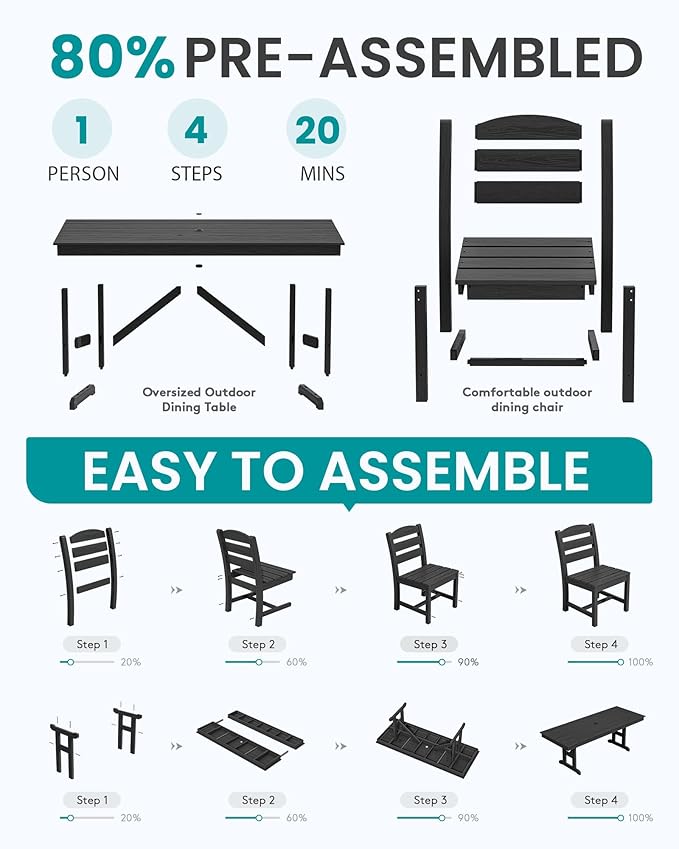 SERWALL Outdoor Armless Dining Chairs Set of 2, All-Weather HDPE Patio Chair with 19.7" Widened Seat, for Backyard, Garden, Black