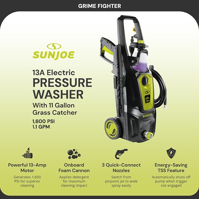 Sun Joe Electric Pressure Power Washer w/Foam Cannon & Extension Wand, 1600 PSI (PWMA Certified), 1.1 GPM, 13-Amp Motor - Heavy-Duty Cleaning Machine for Patios, Decks, Sidewalks & Cars, SPX2680-MAX