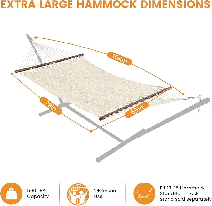 Lazy Daze Hammocks 13 FT Extra Large 2+ Person Caribbean Rope Hammock, Hand Woven Polyester XL Hammock with Spreader Bars, for Outside Outdoor Backyard Patio Poolside, 500 LBS Capacity, Gream