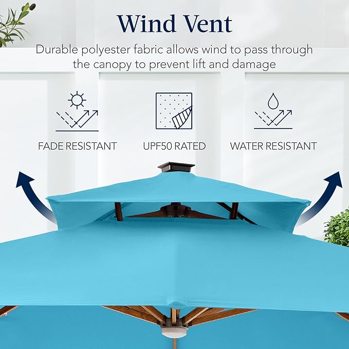 Best Choice Products 10ft Square Cantilever Patio Umbrella w/Base Included, Woodgrain Pattern Pole & Solar LED Lights, 360-Rotation, Offset Hanging Outdoor Shade