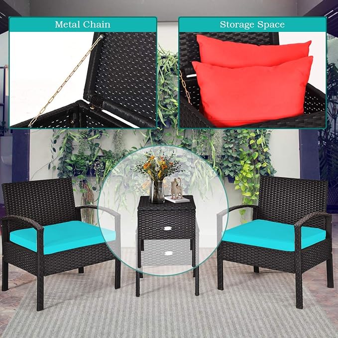 Tangkula 3 Pieces Patio Wicker Conversation Set, Outdoor Rattan Furniture with Washable Thick Cushion & Coffee Table w/Storage Space, Patio Furniture Set for Backyard Porch Garden Poolside (Turquoise)