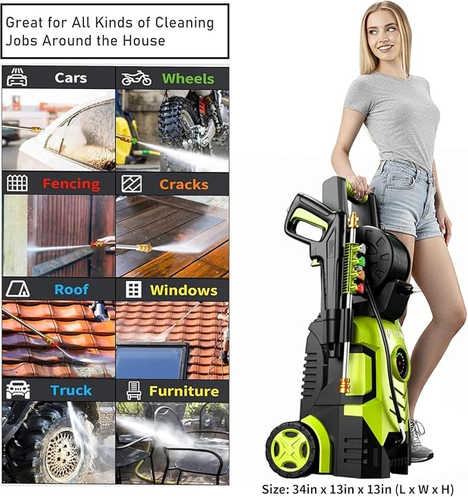 2026Upgraded Pressure Washer 5000PSI with Adjustable Touch Screen 8 Level, 34" Tall, 4 Quick Connect Nozzles,Inlet Hose&Filter&500mlFoam Cannon for Cars/Fences/Driveways/Home Cleaning,Green