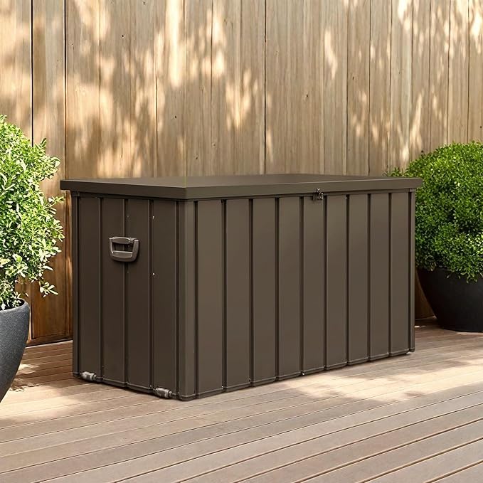 ChicFurnit Outdoor Storage Box, 120 Gallon Deck Box with Lockable Metal Lid & Portable Side Handles, Outdoor Storage Bin with Stable Support Rod, Soft Close Mechanism & Mobility Rollers, Dark Brown